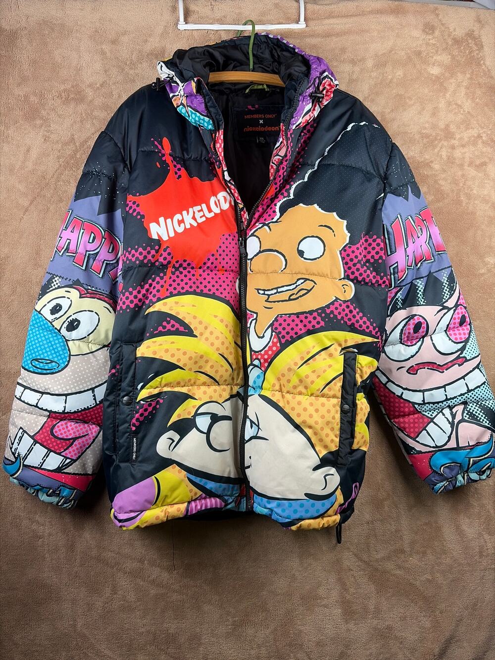 Members Only x Nickelodeon 90s Cartoon Graphic Puffer Jacket Mens XXL Hey Arnold